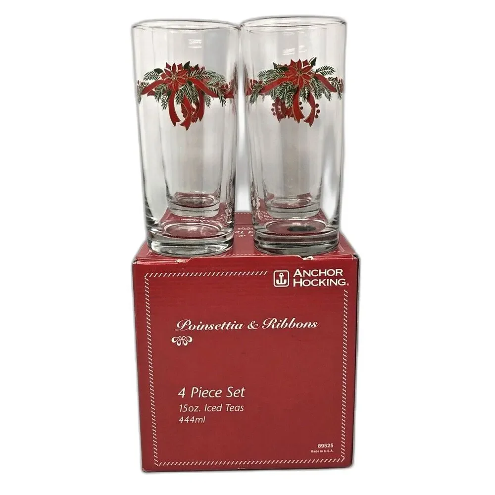 Anchor Hocking Poinsettia & Ribbon Tumblers Holiday Iced Teas 16 oz Set of 4 NEW